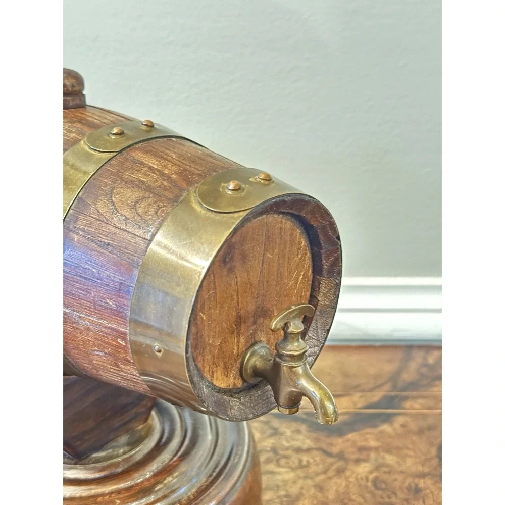 Handmade Spain Wood Barrel Cask w/ Brass Bands & Spigot on Stand‎ Vintage